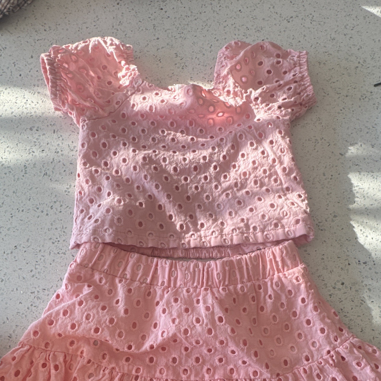 Girls Pink Eyelet 2-Piece Skirt Set Short Sleeve Top & Elastic Waist Skirt 5-6Y