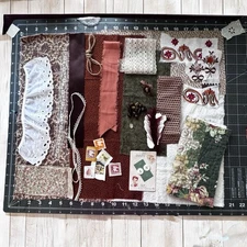Slow stitch Kit Junk Journal Fabric Buttons Lace Ribbon Brown White Ecru Trim