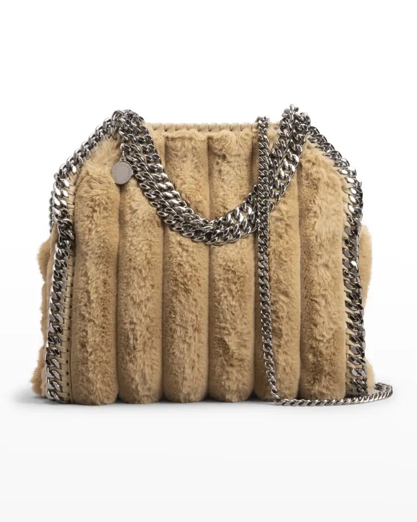 Stella McCartney — Stella McCartney Striped Mini Faux-Fur Tote Bag Camel $1350