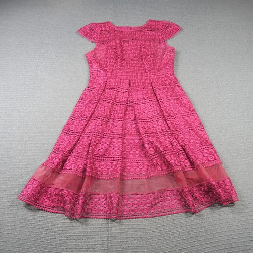 Review Womens A-Line Dress 14(AU) Large Pink Lace Cap Sleeve Pleated Fit & Flare