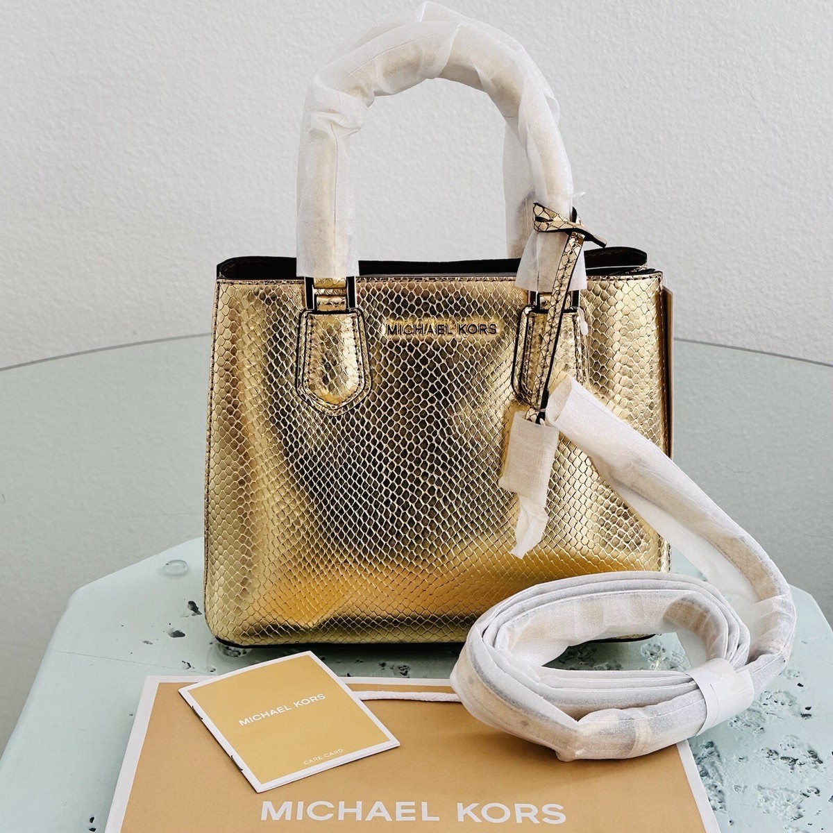 Michael Kors gold leather with embellishments L NWT Michael Kors Leather Emboss Gold Satchel Crossbody Bag  main image 3