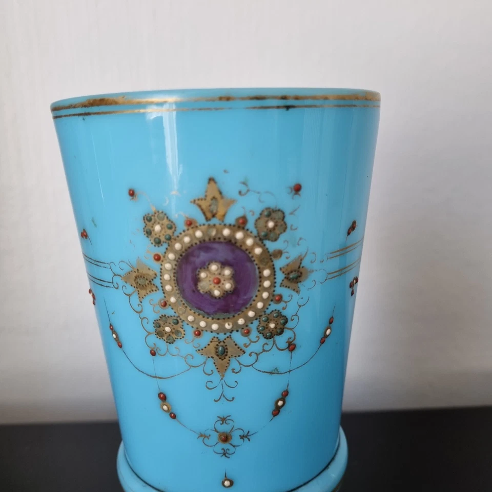Vase Ancien en Opaline XIXè Bleu Turquoise Emaux Bressans Victorian 19thC Blue - Photo 2/4