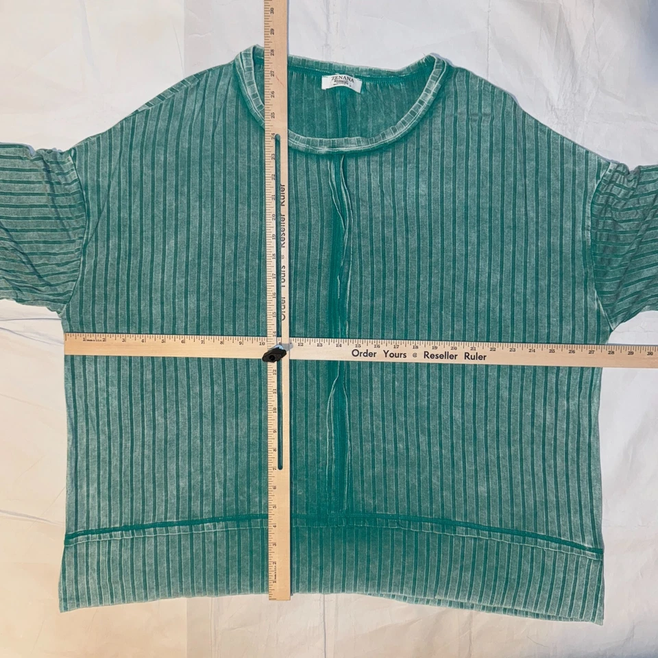 Camiseta ZENANA Desteñida Lavada 2X Acanalada Raglán Dolman Manga Barco Cuello Verde azulado Foto 3 de 4