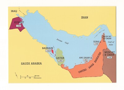 Rare Antique Postcard 1965 Map Dubai Qatar Oman Kuwait Bahrain Saudi Arab UAE