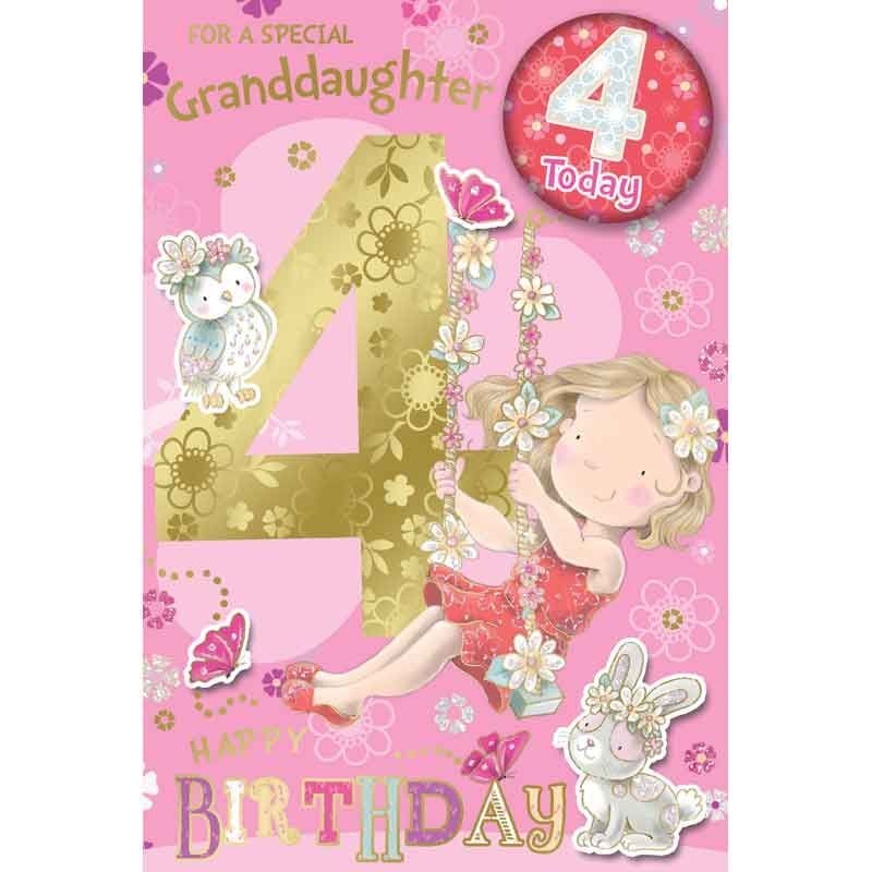 Granddaughter Age 4 Badged Card. 23x15cm (9x6 Inches)
