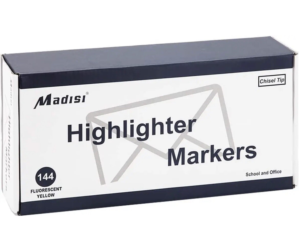 Madisi Highlighters, Chisel Tip, Fluorescent Yellow, Bulk Pack, 144-Count