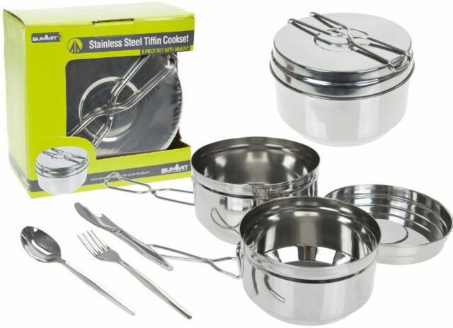 6pc Stainless Steel Cookware Set BBQ Camping Outdoor Hiking Cooking Tiffin Pan
