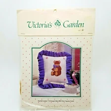 Counted Cross Stitch Kit Teddy Bear Pillow Sampler Victorias Garden Vintage