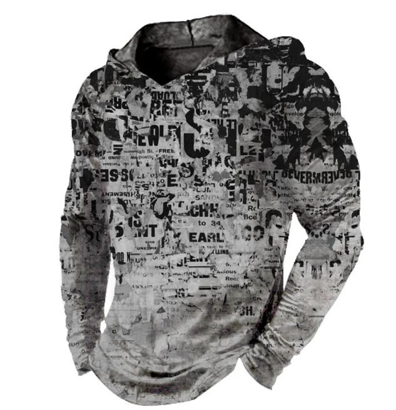 Mens Hoodie Distressed Black Gray Graphic Streetwear Hooded T Shirts LightWeight