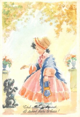 Old postcard fantasy - little girl in front of a dog who makes ''the beautiful''