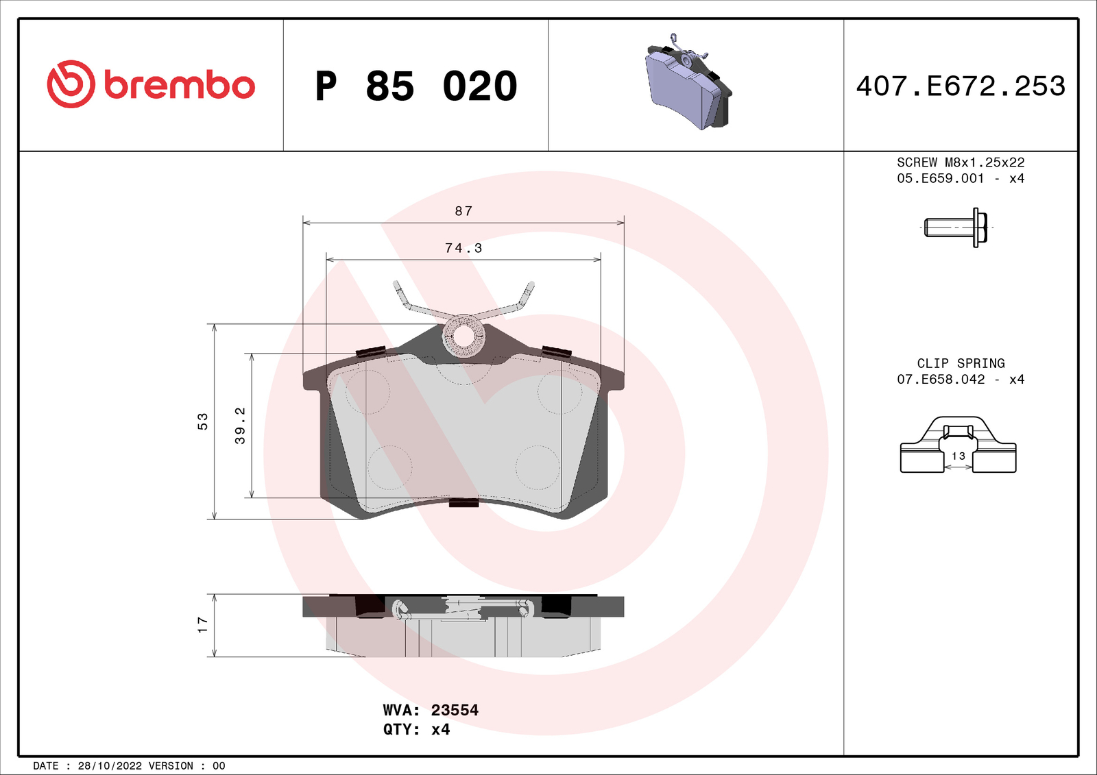 P 85 020 BREMBO Brake Pad Set, disc brake for ,AUDI,AUDI (FAW),CITROËN,CITROËN (
