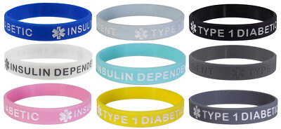 ''TYPE 1 DIABETIC INSULIN DEPENDENT'' Medical Alert ID Silicone Wristbands 5 Pack