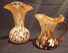 VINTAGE YELLOW/ AMBER HAND BLOWN SPLATTER ART GLASS  SMALL VASES (2) RUFFLE TOP