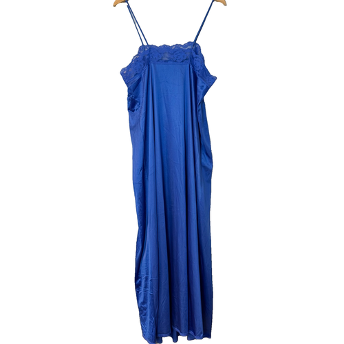 VTG Slip Dress Long Romantic Sz L Lace Side Slit Blue Spaghetti Strap Babydoll - Picture 7 of 10
