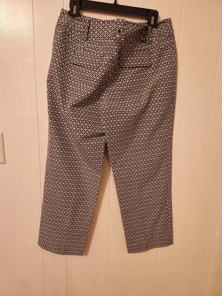 Ann Taylor Margo 真丝卡普里裤女式 8 有内衬蓝色白色奖章印花 — 第 4/4 张图片