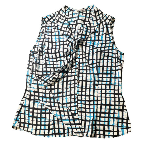 Tahari Arthur S. Levine Women’s S/M White Black Blue Geometric Ruffle Blouse