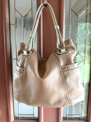 B. Makowsky Princeton Leather Satchel Handbag Caramel/Gold Shoulder Bag EUC