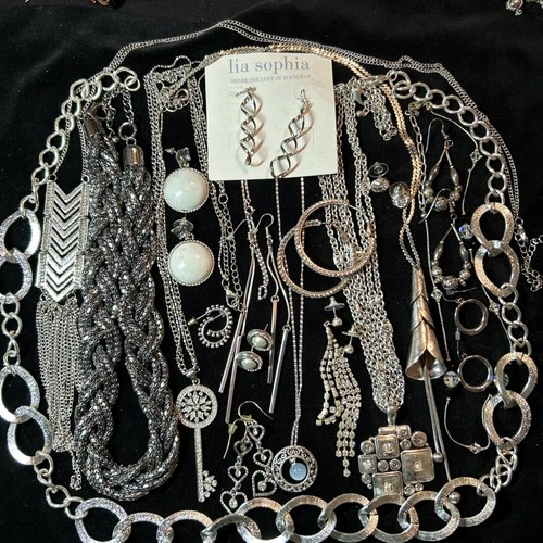 Costume Jewelry Lot Vintage To Now, Silver Tone,  19 Total- Earrings+Necklaces