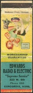 vintage ~ EDWARDS RADIO  ~ matchbook cover CONCORDIA, KS kansas