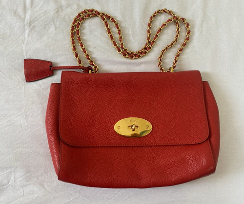 Mulberry Lily Medium Fiery Red Pebbled Leather  Bag Chain Strap Turn Lock 
