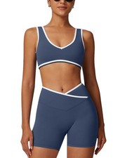 Workout Sets for Women Color Block Sports Bra Crossover Waist Shorts Gym Sets...