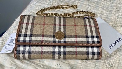 Burberry Hannah Check Coated Canvas Chain Wallet NWT Briar Brown Vintage Chalk 