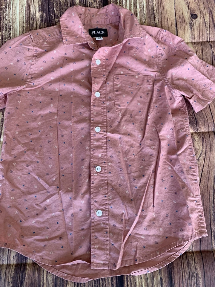Children's Place Boy's Short Sleeve Pink Geometric Print Collared Shirt Sz:M 7/8 - Image 2 of 4