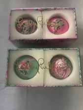 NIB Lilly Pulitzer Set of 2 Ornaments Plumeria Pink Feline Seasalt Blue Fruity