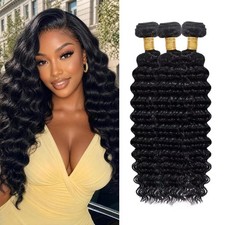 Natural Black Deep Wave Human Hair Bundles 16 18 20 Inch Brazilian Remy Extensio