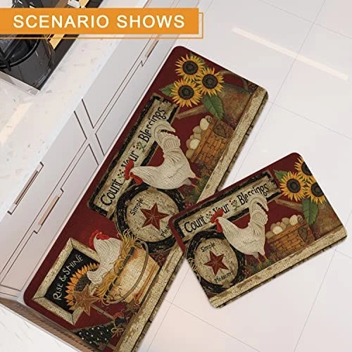 Farmhouse Kitchen Rugs and Mats Set of 2, Farm Rooster Kitchen Mat, Seasonal - Afbeelding 3 van 7