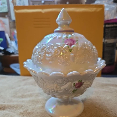 Vintage Westmoreland Handpainted Roses and Bows Milk Glass Candy Dish