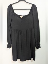 Charmed Hearts Size L Black Swiss Dot Babydoll Dress Long Sleeve Smocked Back