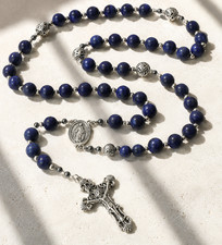 Premium Heavy Lapis Lazuli Catholic Rosary 10mm Beads Ornate Crucifix
