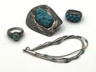 Lot (4)—Sterling Silver/Turquoise Marked—Bolo—Rings—Bracelet—925—Vintage—Navajo?