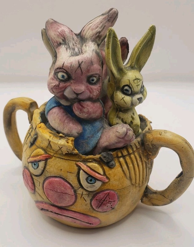 LOW BROW ART BUNNY CERAMIC BUNNIES AND CLOWN FACE BY BRANDON DUNLAP 2003