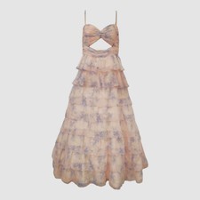 Mac Duggal Women's Pink Blue Floral Cut Out Ruffle Layered Gown Dress Size 14