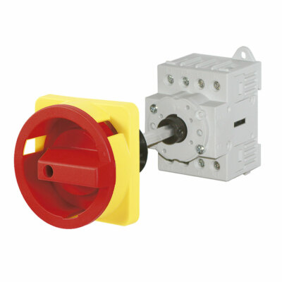 Telergon ZBK IP66 Base Mount 4P 25A Isolator, rot/gelber Griff & 100mm Schaft