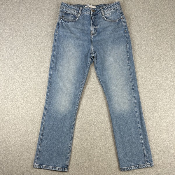 Zara Cropped Jeans Women's Size 8 Blue High Waist Straight Thrashed