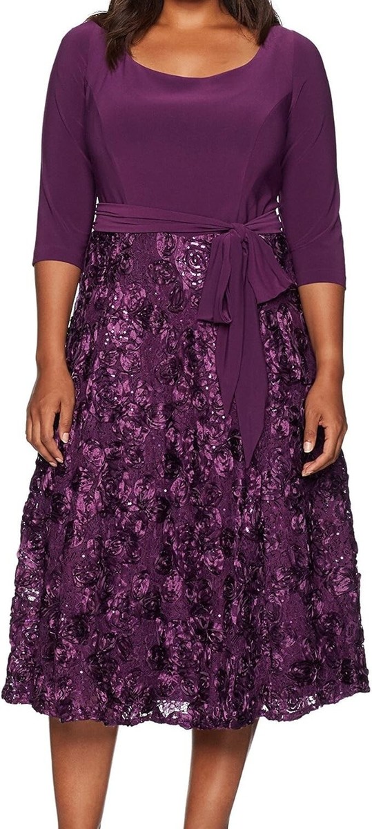 Alex Evenings Women's Plus Size Tea Length Dress with Rosette