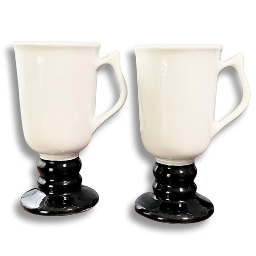 Hall Pottery Vintage MCM Pedestal Mugs 1273 USA White W/ Black Base Coffee Tea
