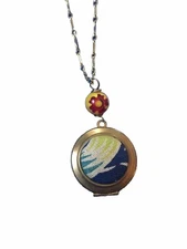 Lenora Dame Locket Necklace Pendant Flower Fabric Antiqued Gold Brass & Bead