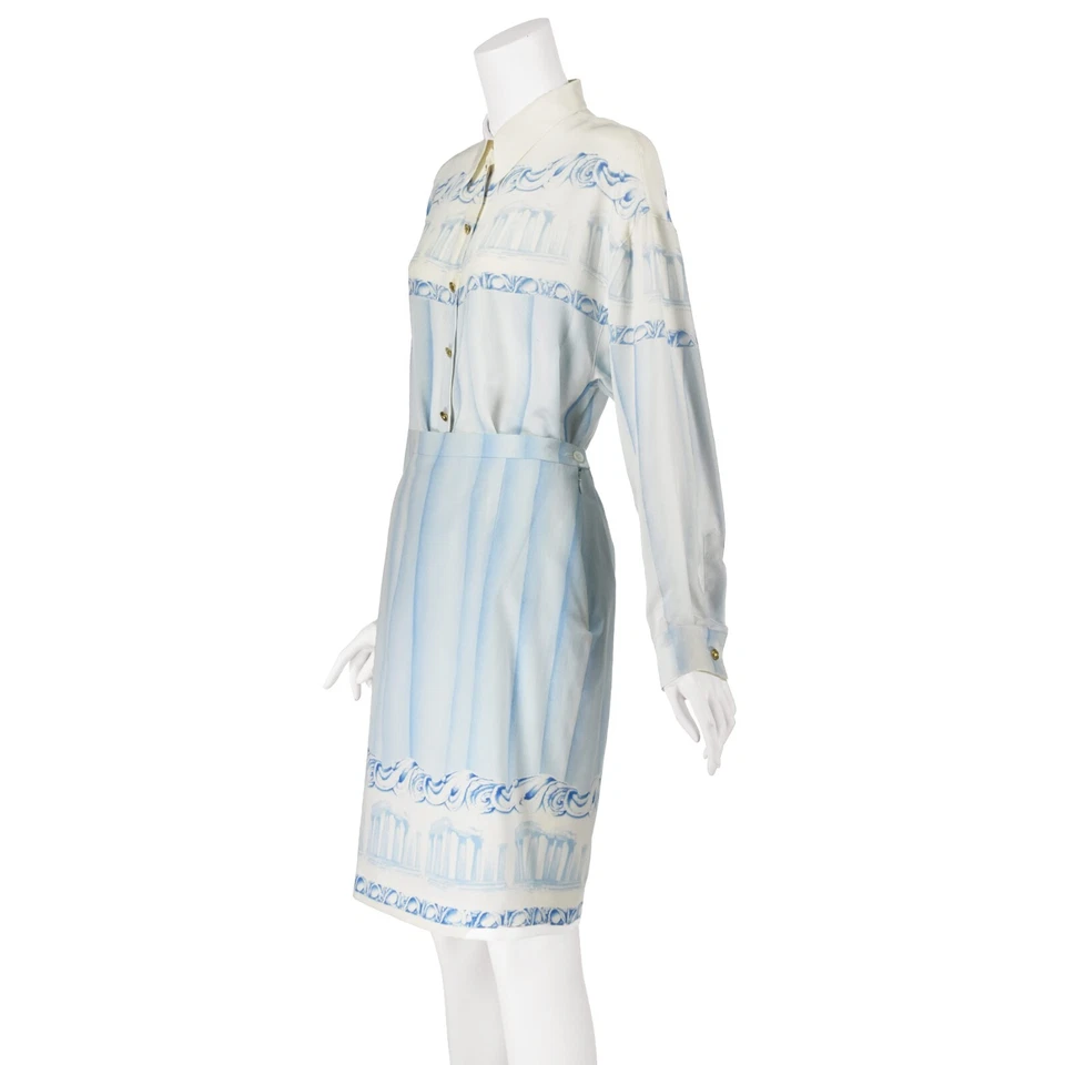 Camisa de seda ESCADA vintage azul pálido y blanco y falda de algodón a juego talla 10/12 Foto 3 de 4