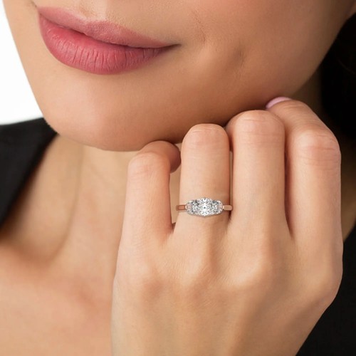 Cushion Solitaire Labgrown Diamond Trilogy Ring 18k Rose Gold 2.45 Ct F VVS2 - Picture 6 of 23