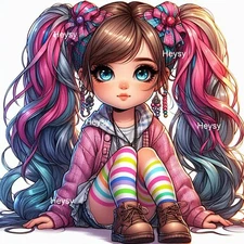 Colorful Character with Twin Ponytails – Printable Wall Art, Downloadable Art