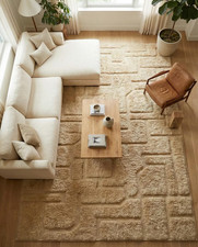 Handmade Handknotted 8x10 Wool Rug - Cream Beige Geometric Area Rug for Living