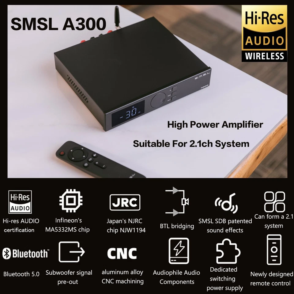 SMSL A300 HiFi Power Amplifier BTL Mode Bluetooth 5.0 2.1 Subwoofer 165W x 2 ... - Image 3 of 4