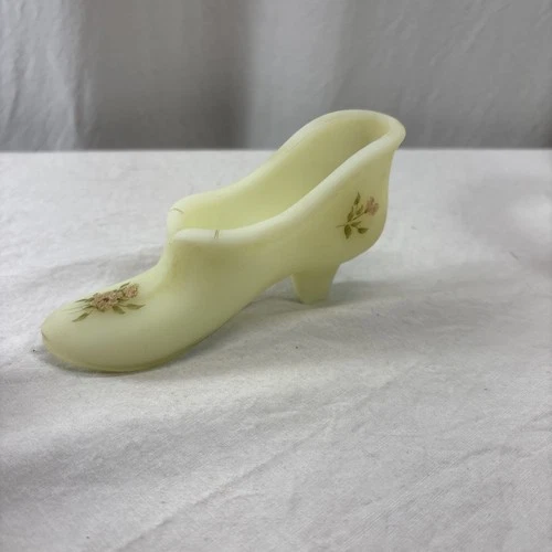 vintage fenton satin custard uranium Hand Painted Signed Shoe.
