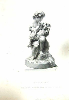 Original Old Antique Print Sculpture Little Girl Puppy Dog Stodart Engraving