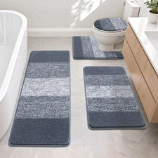 Traditional 4 Piece Microfiber Washable Bathroom Rug Set Non-Slip, Dark Gray