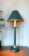 Vintage Metal Table Lamp With Olive Green Paint Gilt Pattern